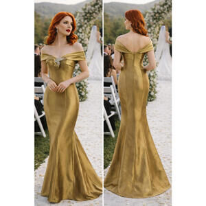 Elegant Olive Shantug Silk Off Shoulder Gown Crystal Brooch Formal Wedding sz 6